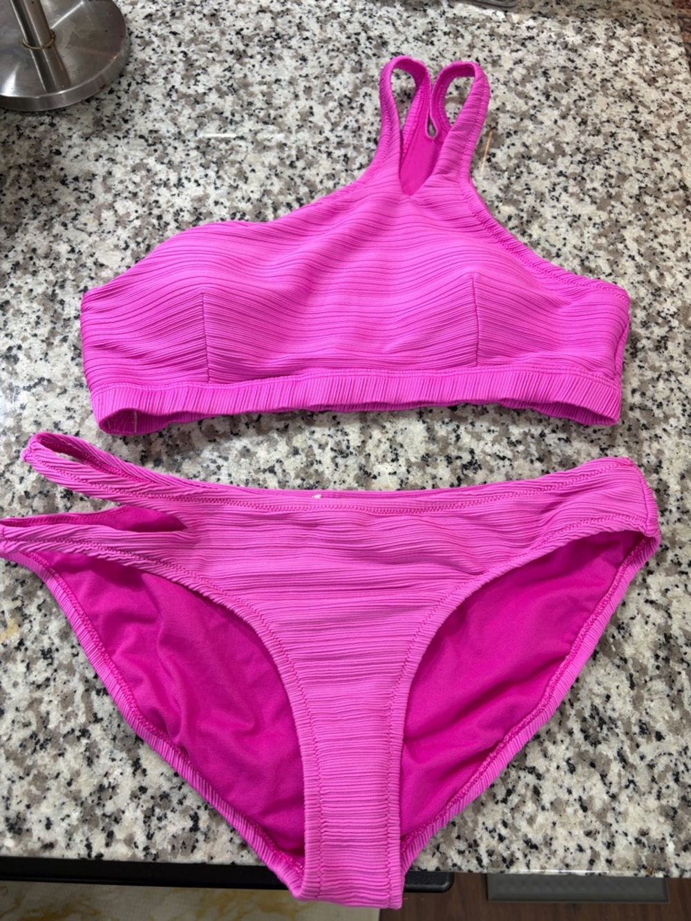 Jessica Simpson Women's High-Neck Ribbed Bikini Set in Bright Pink XL